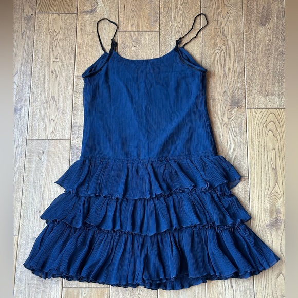 Free People 100% Silk Navy Blue Tiered Ruffle Spaghetti Strap Dress size XS - Picture 7 of 10